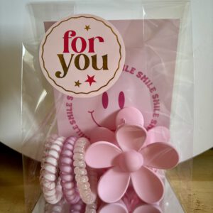Haarklem bloem roze - 4 draai elastiekjes - kaart Smile