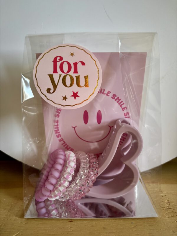 Haarklem oud roze - 4 draai elastiekjes - kaart Smile
