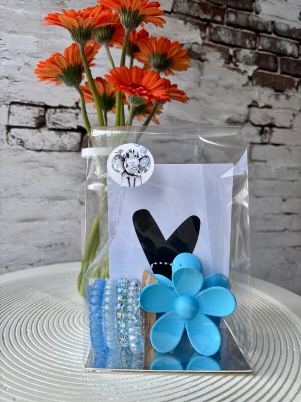 Haarklem bloem blauw - 4 draai elastiekjes - kaart hart