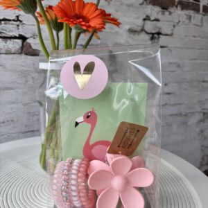 Haarklem bloem roze - 4 draai elastiekjes - kaart flamingo