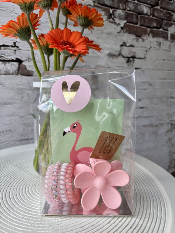 Haarklem bloem roze - 4 draai elastiekjes - kaart flamingo