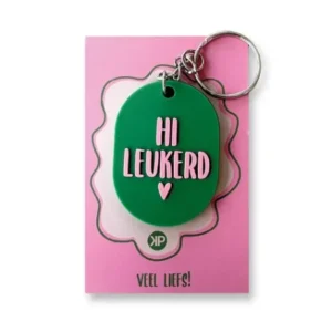 Sleutelhanger ovaal 'Hi leukerd' groen met roze
