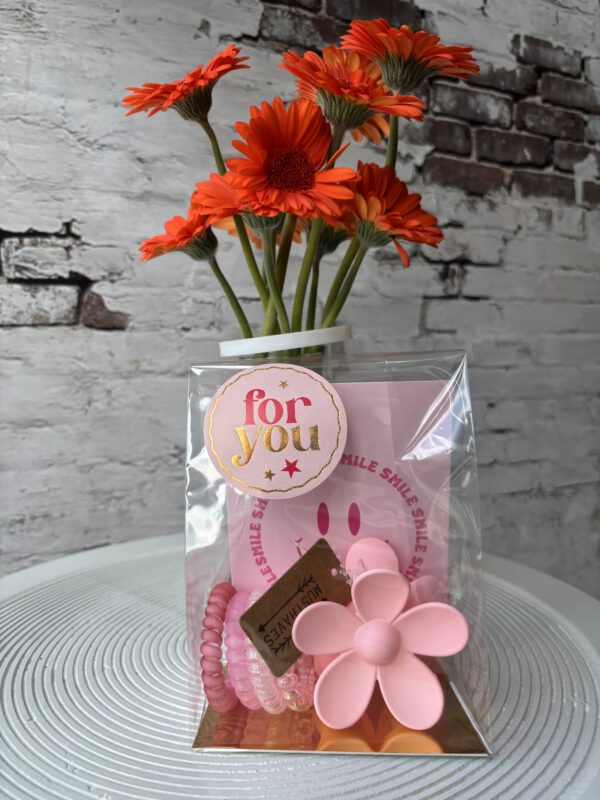 Haarklem bloem roze - 4 draai elastiekjes - kaart smile
