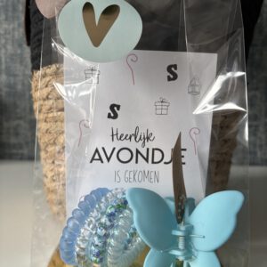 Haarklem vlinder blauw - 4 draai elastiekjes - kaart heerlijk avondje is gekomen