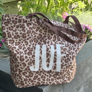 Canvas tas Juf leopard 48+15x38cm