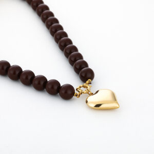 Kralenketting bruin met hart stainless steel
