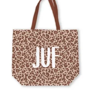 Canvas tas Juf strepen leopard 48+15x38cm