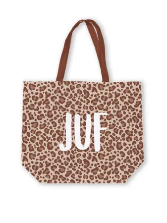 Canvas tas Juf strepen leopard 48+15x38cm