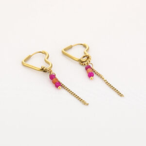 hart oorbellen stainless steel met kralen fuchsia
