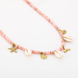 Ketting roze kralen met bedels stainless steel