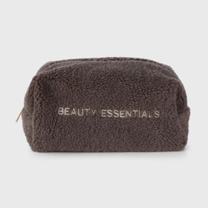 Make up tas teddy khaki met tekst beauty essentials