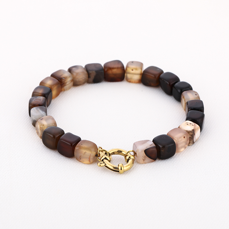 Natuurstenen kralen armband bruin tinten met goudkleurige sluiting